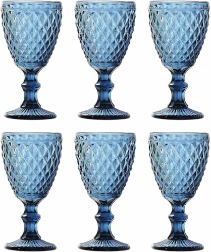Lot de 6 verres à vin et verres à boire vintage colorés avec motif diamant (filet bleu à vin), verres à long drink, verres à cocktail avec gaufrage, verre à...