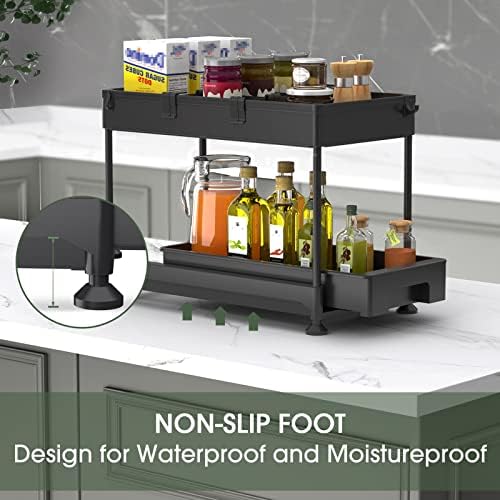 SPACEKEEPER Under Sink Storage Shelf,2 Tier Slide Out Under Cabinet Basket Drawer,Multi-Purpose Slim Organizer for Kitchen Bathroom,Bottom Slide Out Basket,40x22x31cm,Black