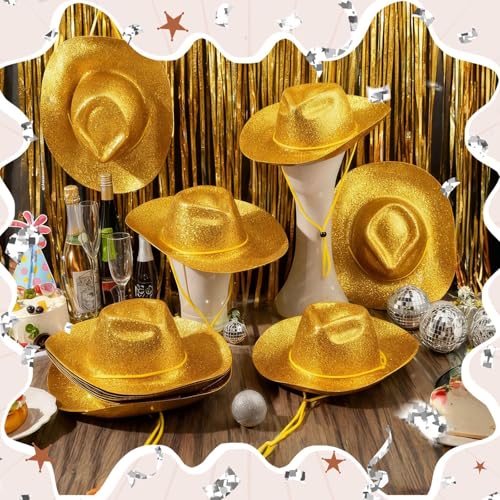 Image of Shyyween 24pcs Sparkly Western Cowgirl Hats for Adult Bulk Glitter Cowboy Hat Adjustable for Men Women Bachelor Western Party