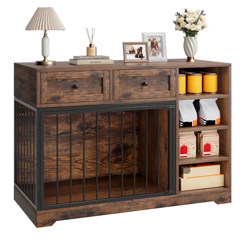 Garvee 47 in Dog Crate Furniture with 2 Storage Drawers, 4 Deep Shelves, Farmhouse Extra Large Wooden Dogs Cage End Table, Multi-Functional Indoor Dog