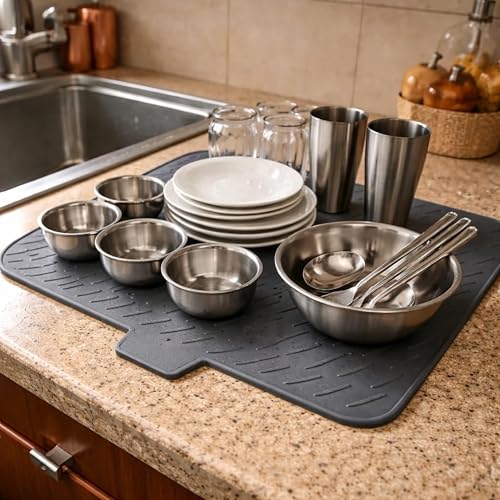 Image of Extra Large Silicone Dish Drying Mat for Kitchen Countertop (58 x 43 cm) | Built-in Drain Lip Water Draining Utensil Mat | Heat-Resistant, Anti-Slip Sink & Counter Protection Mat