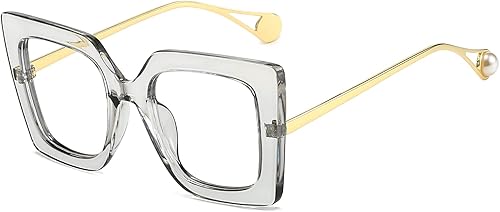 LJCZKA Lentes rectangulares de gran tamaño con bloqueo de luz azul para hombres y mujeres, marco grueso, antifatiga ocular, lentes transparentes