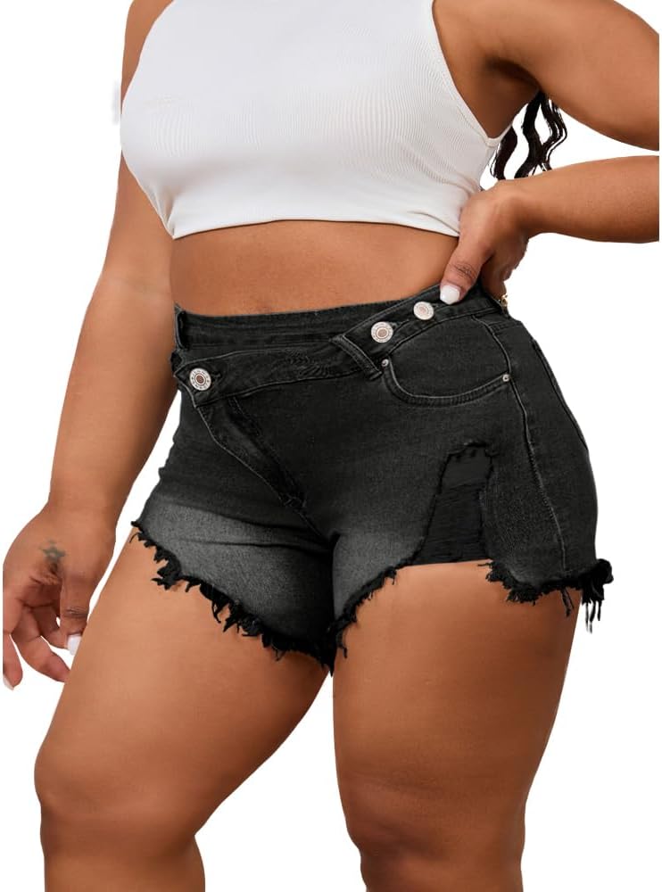 Women's Plus Size High Waisted Crossover Jean Shorts Ripped Raw Hem Summer Hot Denim Shorts - Image 3