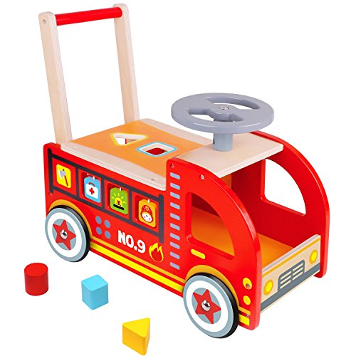 Pidoko Kids Ride On Fire Truck - Wooden Push and Pull Walker Cart - Balance Wagon Toy for Toddlers Boys & Girls age 18 Months and up