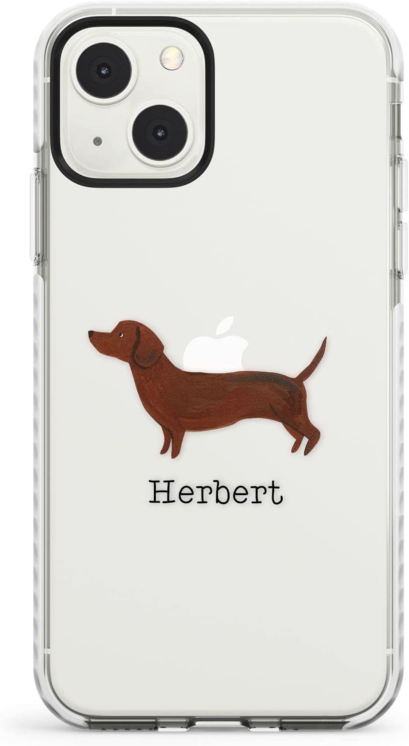 Hand Painted Sausage Dog & Custom Text Impact Phone Case for iPhone 13 Mini | Protective Dual Layer Bumper TPU Silicone Cover Pattern Printed | Breeds Pets Cute Adorable Dogs