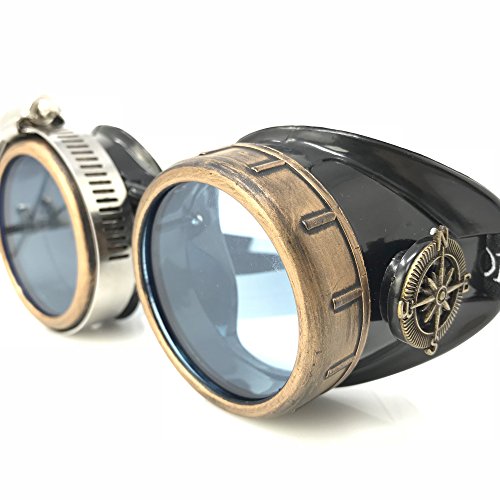 Steampunk Victorian Style Goggles with Compass Design, Neon Blue Lenses & Ocular Loupe