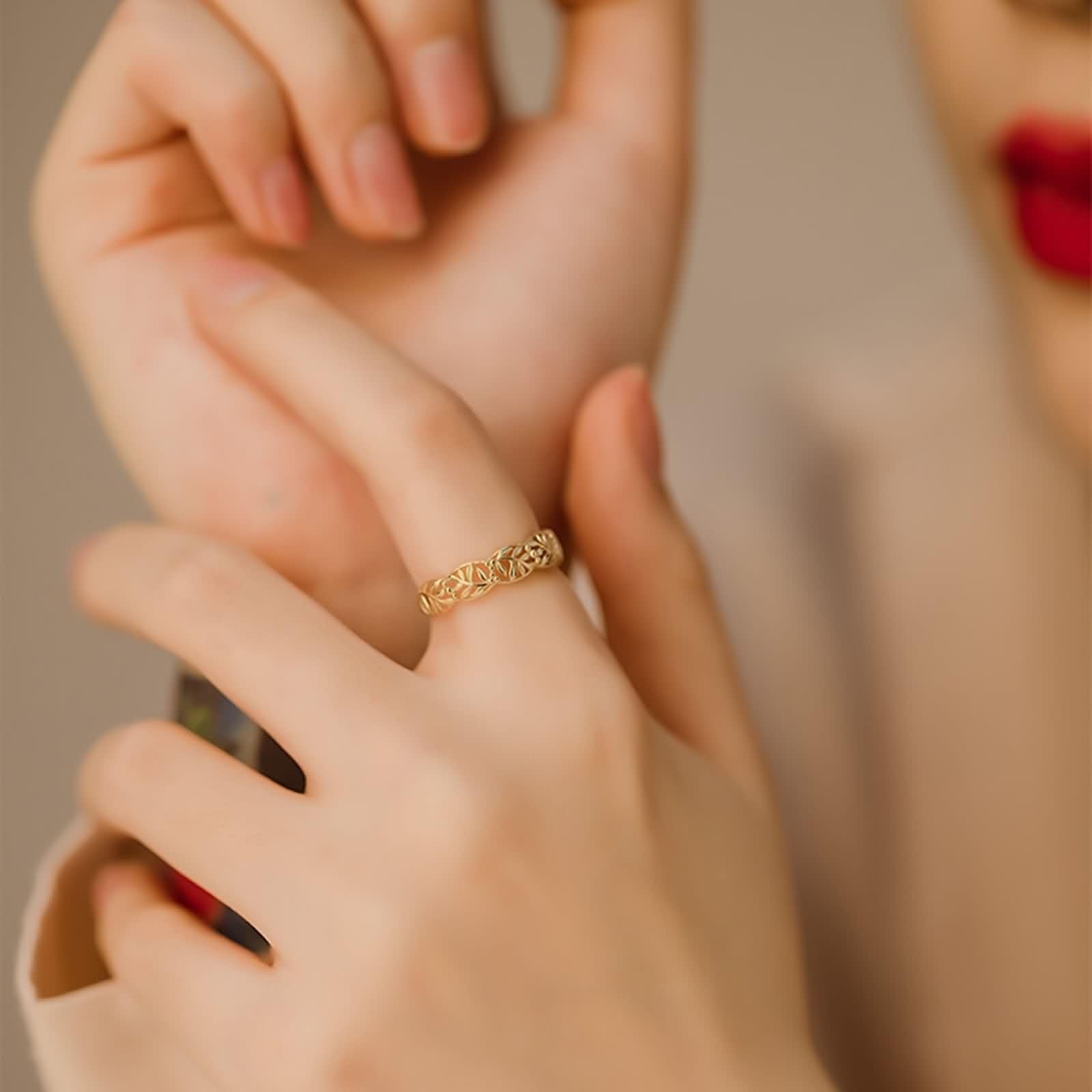 Wycian Anillo Dorado Anillo Oro 14K Hoja Hueca Tamaño 8 Moda Para Lesbian Aniversario Joyas Actualización 3.0