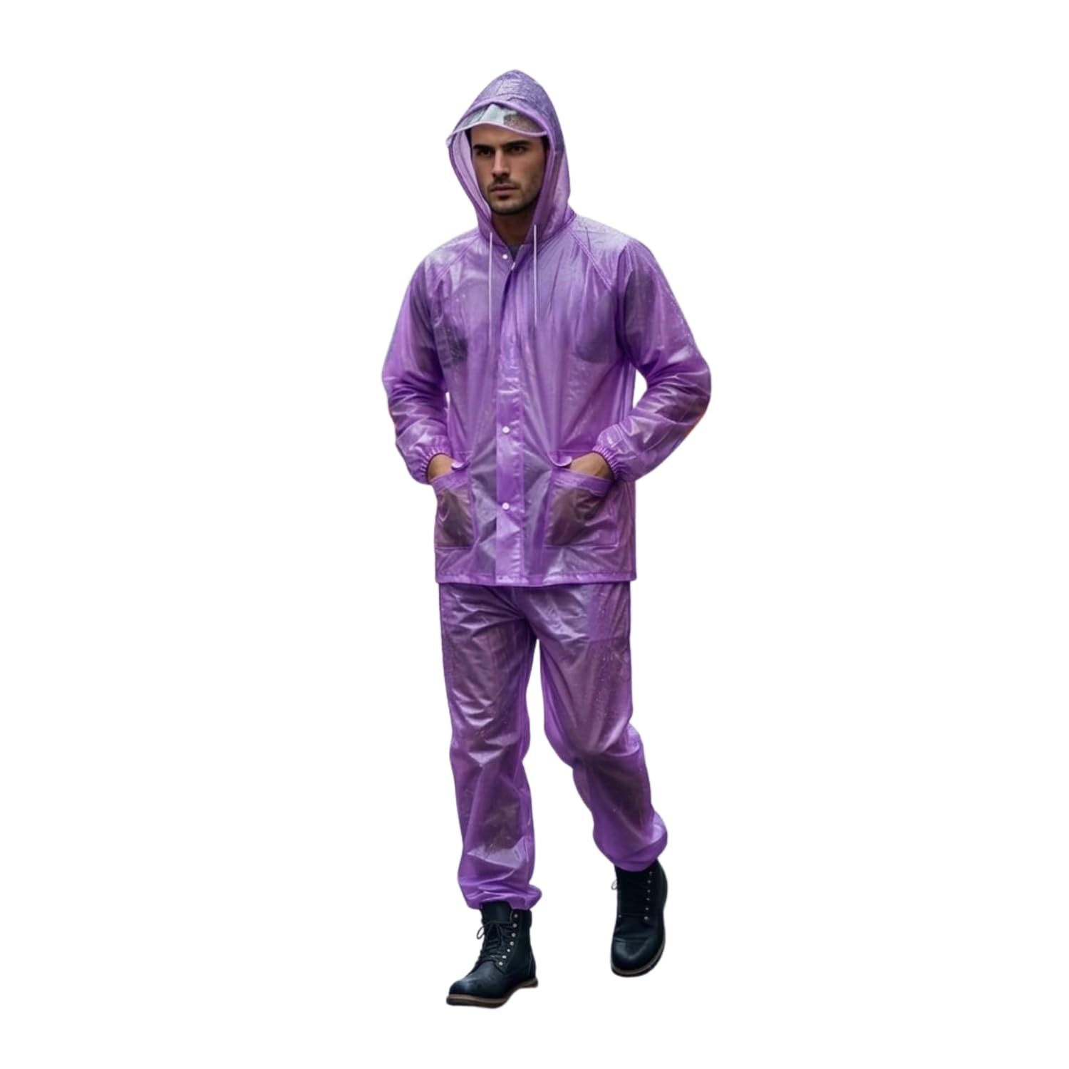 100% Waterproof Rain Suit for Men & Women, PVC Jacket & Pant Set with Hood, Front Pocket & Button Closure, Lightweight Reusable Rainwear for Bike Riding, Travel & Outdoor Use (Purple)-image-34