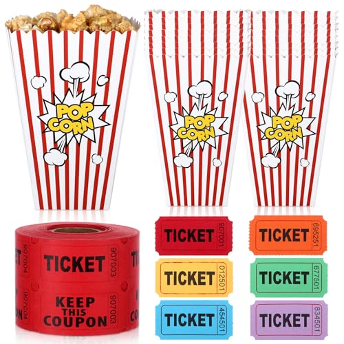 Resurhang 3000 Raffle Tickets with 72 Popcorn Container Box Movie Night Party Supplies Decorations Admission Tickets for Movie Party Supplies Burger Joint Events Fundraisers and Prizes