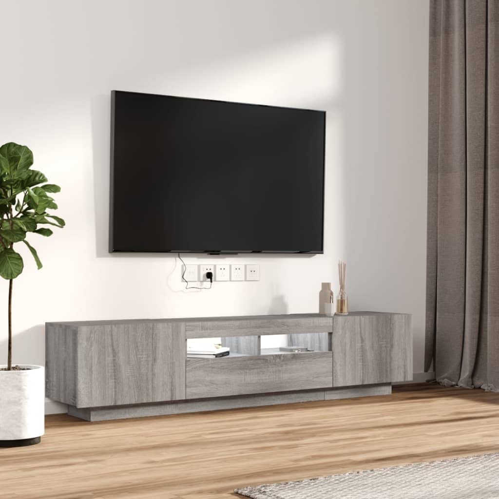 Zestaw 2 szafek RTV z oświetleniem LED RGB, szary dąb sonoma, mebel pod telewizor z podświetleniem i dużą przestrzenią do przechowywania, materiał drewnopochodny odporny