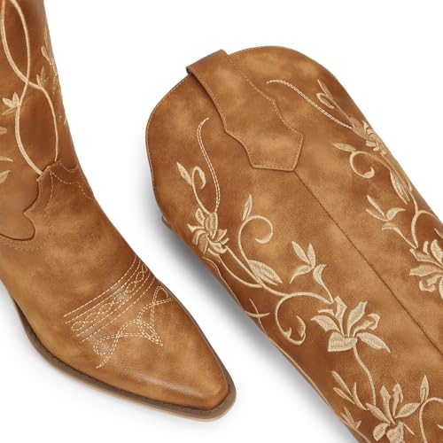 Image of wetkiss Cowboy Boots Womens Knee High Cowgirl Boots Embroidered Pointed Toe | Cowgirl Boots, Retro Embroidery, Block Heel, Stable and Comfortable, Pull-On, Style for a Classic Vintage Western Look