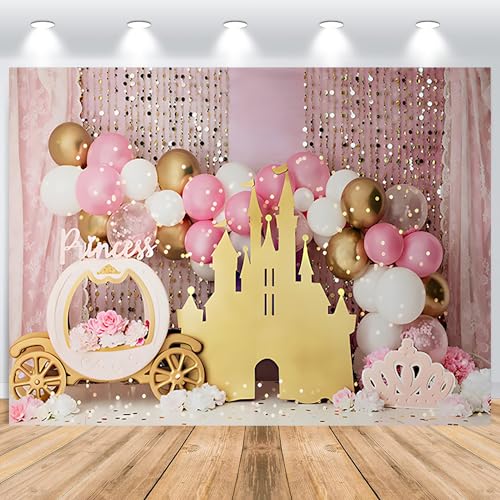 ASDCXZ Castillo de Princesa Telón de Fondo 2,2x1,5m, Castillo Dorado Carro de Calabaza Globo Rosa Vinilo Fondo de Fotografía para Niña Primera Fiesta de Cumpleaños Decoración de Mesa de Pastel