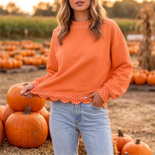 Womens Mock Neck Sweatshirt Scalloped Edge Patchwork Polka Dot Pullover - image 6
