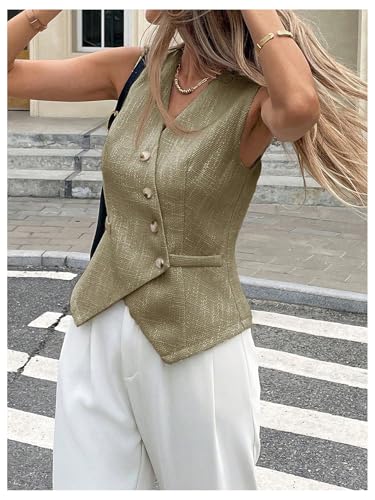 OYOANGLE Women's Suit Vest Top Button Front V Neck Work Dressy Sleeveless Blazer Jacket Waistcoat Green Medium4
