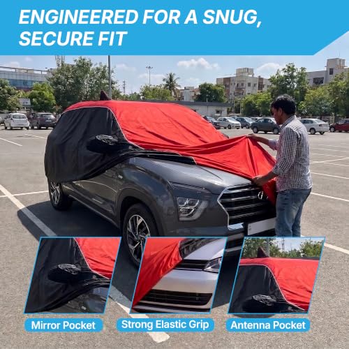 Image of KINGSWAY Super Waterproof Car Cover Only with Skoda Kushaq (Year 2026 Onwards - All Model) | Mirror and Antenna Pockets | All Weather Car Body Cover with Silver Piping | Black Red