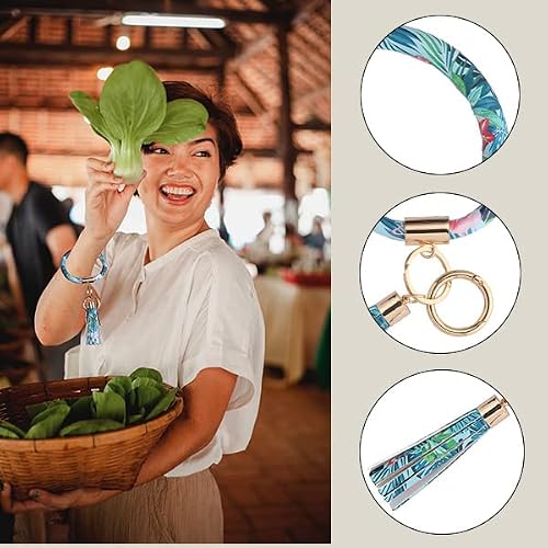 Coolcos Key Ring Bracelets Wristlet Keychain Bangle Keyring - Large Circle Car House Keys Holder for Women Gift (Upgraded Flamingo Pattern)