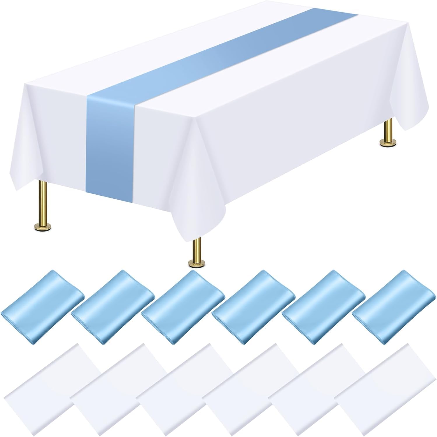 Eogrfw White, Blue 12 Pcs Disposable Plastic Tablecloths And Satin Table Runner Set,54 X 108 Inch White Tablecloths,12 X 108 Inch Blue Runners,Rectangle Table Cover For Wedding Birthday Graduation