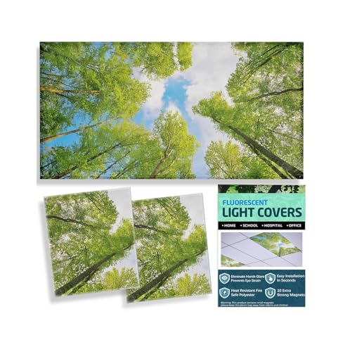 Image of Fluorescent Light Covers, 2 Pack 4 x 2 Feet Magnetic Light Covers for Ceiling Lights classroom decor, Drop Ceiling Light Cover with 10 Magnets Ceiling Light Covers for Office(Green Tree)