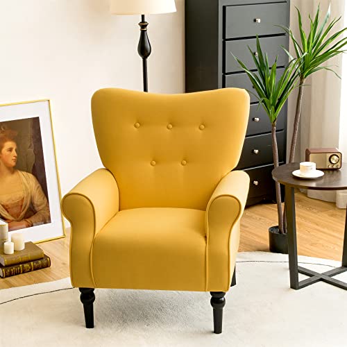 Giantex Fabric Accent Chair, Comfy Cute Living Room Chair W/Arm, Rubber Wood Legs, Adjustable Foot Pads, Single Sofa Chair W/Thickened Cushion, Bedroom Chair For Reading, Yellow #TOP3