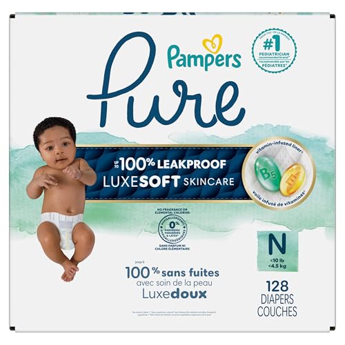 Image of Pampers Pure Protection Diapers Newborn - Size 0, 128 Count, Hypoallergenic Premium Disposable Baby Diapers