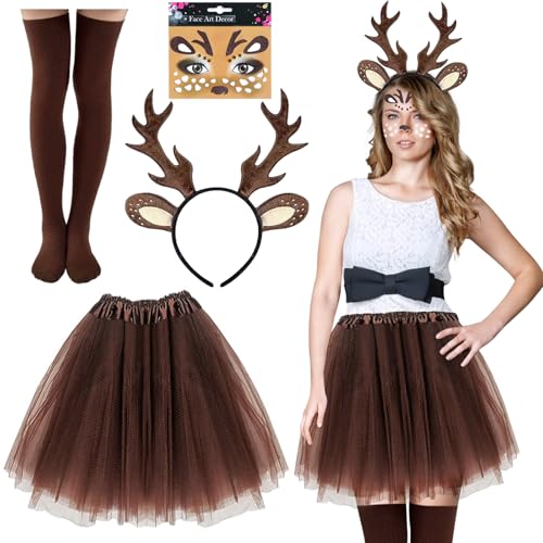 ATOWORLD Reh Kostüm Damen mit Brauner Tüllrock Geweih Haarreif Tattoo...