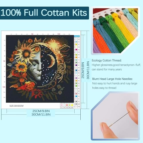 Image of Sun and Moon Stamped Cross Stitch Kits,11CT Cross Stitch Kits for Beginners,DIY Needlepoint Kits for Adults,Embroidery Patterns Dimensions Counted Cross Stitch Kits Art Crafts Kits for Home Decor Gift