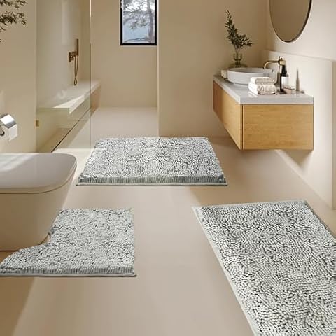 BOANKODU Bathroom Rugs Sets 3 Piece, Super Soft Absorbent Bath mat Set,with U-Shaped Toilet Rug,Strong PVC Underside Bathroom Rug,Antiskid Bath mats Washable Toilet mat, Light Gray Cover