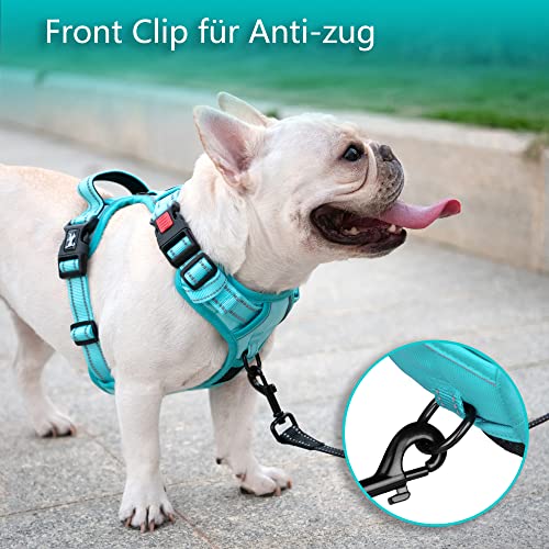 PoyPet Hundegeschirr ohne Zug, Reflektierendes Hundegeschirr für mittelgroße Hunde ohne Würgen, verstellbare, weich gepolsterte Haustierweste mit einfachem Steuergriff (Mint Blau Passender Trimmen, M)