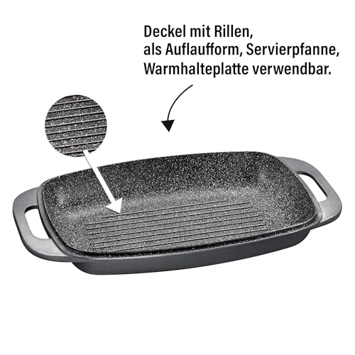 Foto von STONELINE Aluguss Bräter mit Deckel 43x26 cm, 8,4 L Bräter Induktion Backofengeeignet Für alle Herdarten, Deckel als Auflaufform verwendbar, Topf Antihaft Beschichtet mit echten Steinpartikeln, Grau