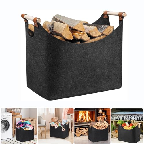 Extra Thick Foldable Firewood Bag with Wooden Handle for Indoor/Outdoor Fireplace, Newspaper or Shopping (XL)