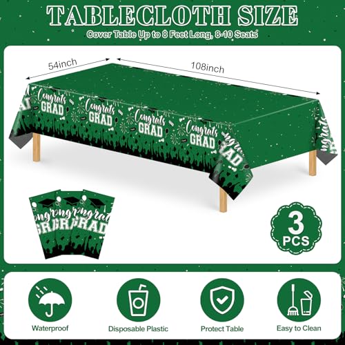Image of NatNarr 3 Pack Plastic Graduation Tablecloth, Graduation Decorations 2026 Disposable Rectangle Green Black Table Cover, 2026 Gongrats Grad Table Cloths for Graduation Party Decorations, 54x108Inch