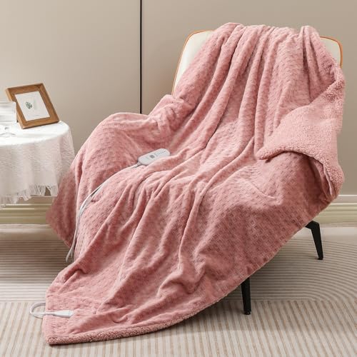 Dowin Pink Heated Blanket Electric Throw Waffle Fleece Heating Warming Blankets with Auto Shut Off for Couch Office Chair Bed Adults Fuzzy Cozy Machine Washable 50x60