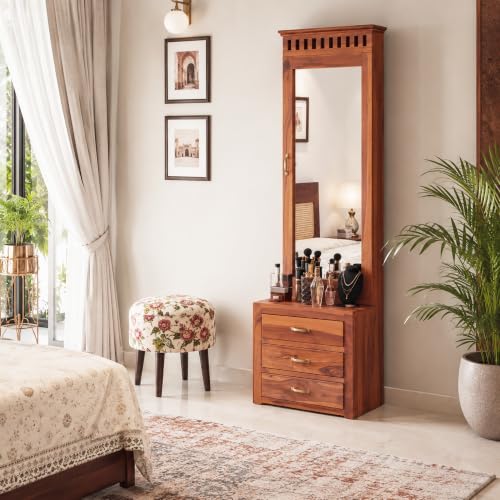 Image of SONA ART & CRAFTS Solid Sheesham Wood Dressing Table with Storage Mirror & 3 Drawers, & 1 Door Storage for Living Room Bedroom Wooden Make Up Vanities Dresser for Bedroom Home (Natural Finish)