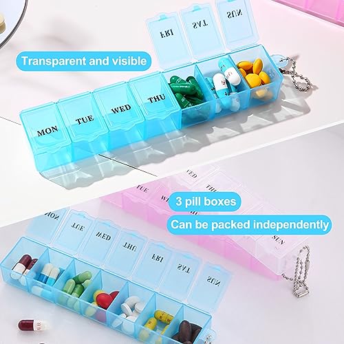 Fousenuk 3 stuks tablettenbox 7 dagen, pillendoosje gemakkelijk te openen, medicijnbox 7 dagen met 3 kleuren, pillendoosje 7 dagen, handige vochtbestendiger voor vitaminen, voedingssupplementen - Afbeelding 5