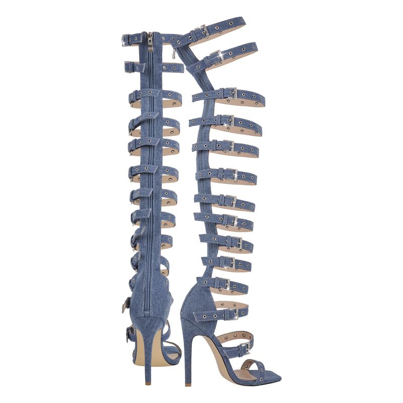 Image of LISHAN Womens Gladiator Knee High Sandals Open Toe Lace Up Criss Cross Strappy Stiletto Heels
