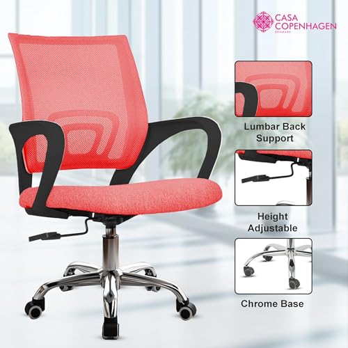 Image of Casa Copenhagen Mesh Mid Back Office /Study /Computer /Revolving /Desk Chair for Work from Home -Metal Base, Height Adjustable Seat - Blood Red & Black Handle