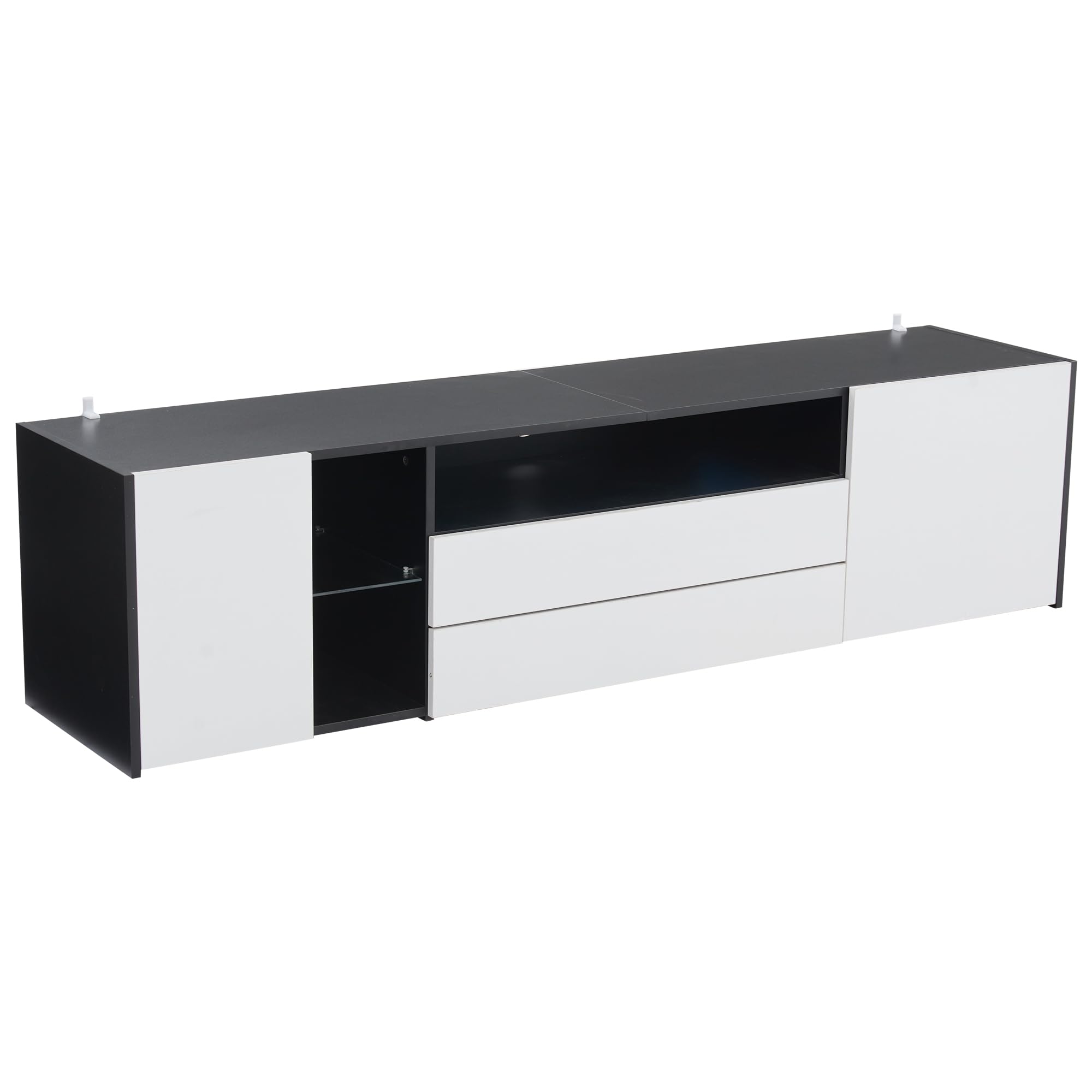 Mobile TV, TV Board,TV Board,LED lucido, supporto TV con 2 cassetti e 2 armadi, adatto per TV da 75", giuntura bianca e nera
