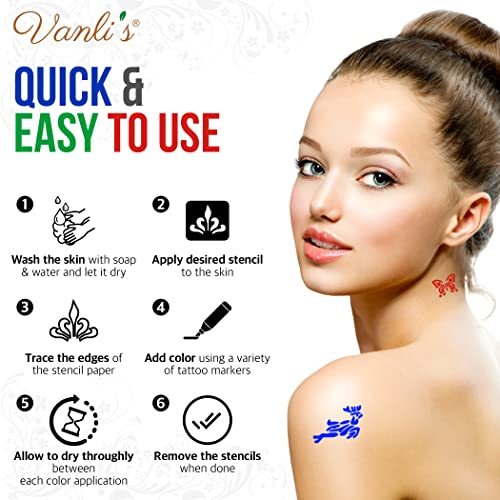 Vanli's Temporary Tattoo Markers - Stocking Stuffers For Teens, Kids, Adults, Trendy Tattoo Kit, Skin Safe & Colored Ink Tattoo Pens For Body & Face Art With 30 Tattoo Stencil Papers, 4 Pens-Bold #TOP3