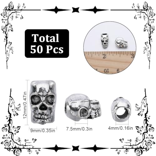 SUNNYCLUE 1 Box 50PCS Skull Spacer Beads Skeleton Head Beads Beard Silver Antique Tibetan Metal Halloween Large Hole European Loose Spacers Bead Bulk for Jewellery Making Beads DIY Bracelet Necklace - Image 2