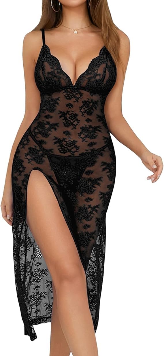 luxzii - a touch of luxury LUXZII Sexy Dress for Women Embroidered Babydoll Lingerie Sleepwear V Neck Slit Cut Bedroom Dress Nightwear Babydoll for Honeymoon Anniversaries Birthday Black Sexy Lingerie Nightwear Sleepwear Women-picture-32