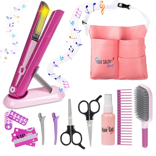koolbitz 14PCS Kids Makeup Set and Hair Styling Toy Set Game Pretend Play Beauty Salon Kit with Light-Up Straightener Scissors Brush Comb and Educational Accessories for Kids Ages 3 and Up