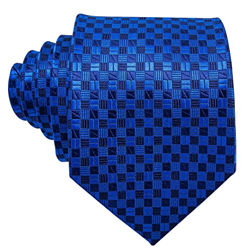 Image of Barry.Wang Plaid Ties Check Mens Necktie Set with Handkerchief Cufflinks Classic Stripe