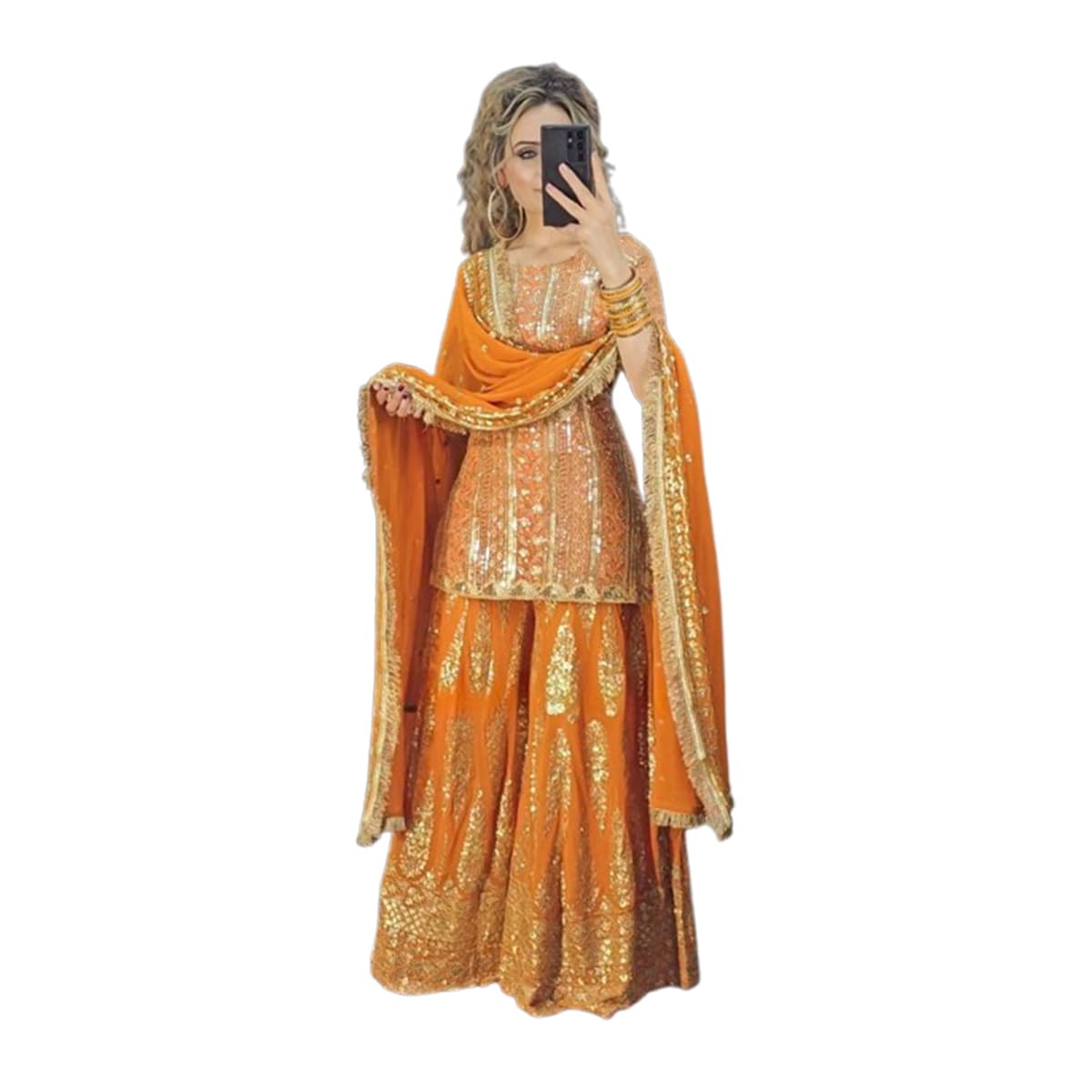Women's GeorgetteStitched Floor-Length Gown - Traditional Indian Dress with Heavy Floral Embroidery for Wedding & Events SF201-ver-4 Orange-image-21