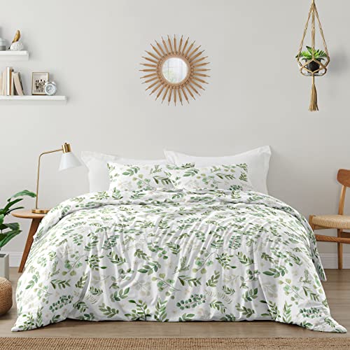 Image of Sweet Jojo Designs Floral Leaf Girl Full /Queen Bedding Comforter Set Kids Childrens Size - 3 Pieces - Green and White Boho Watercolor Botanical Woodland Tropical Garden