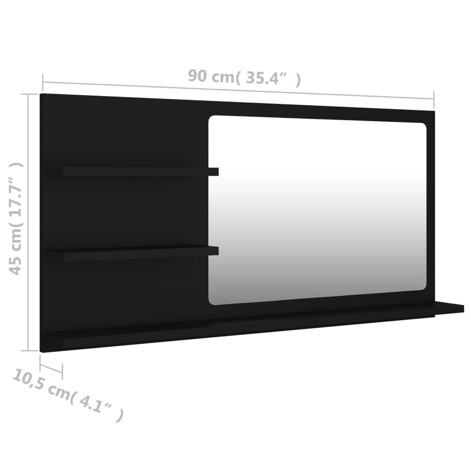Lustro łazienkowe 90 x 10,5 x 45 cm, czarne, z 3 półkami, materiał drewnopochodny/akryl, możliwość montażu na ścianie do łazienki