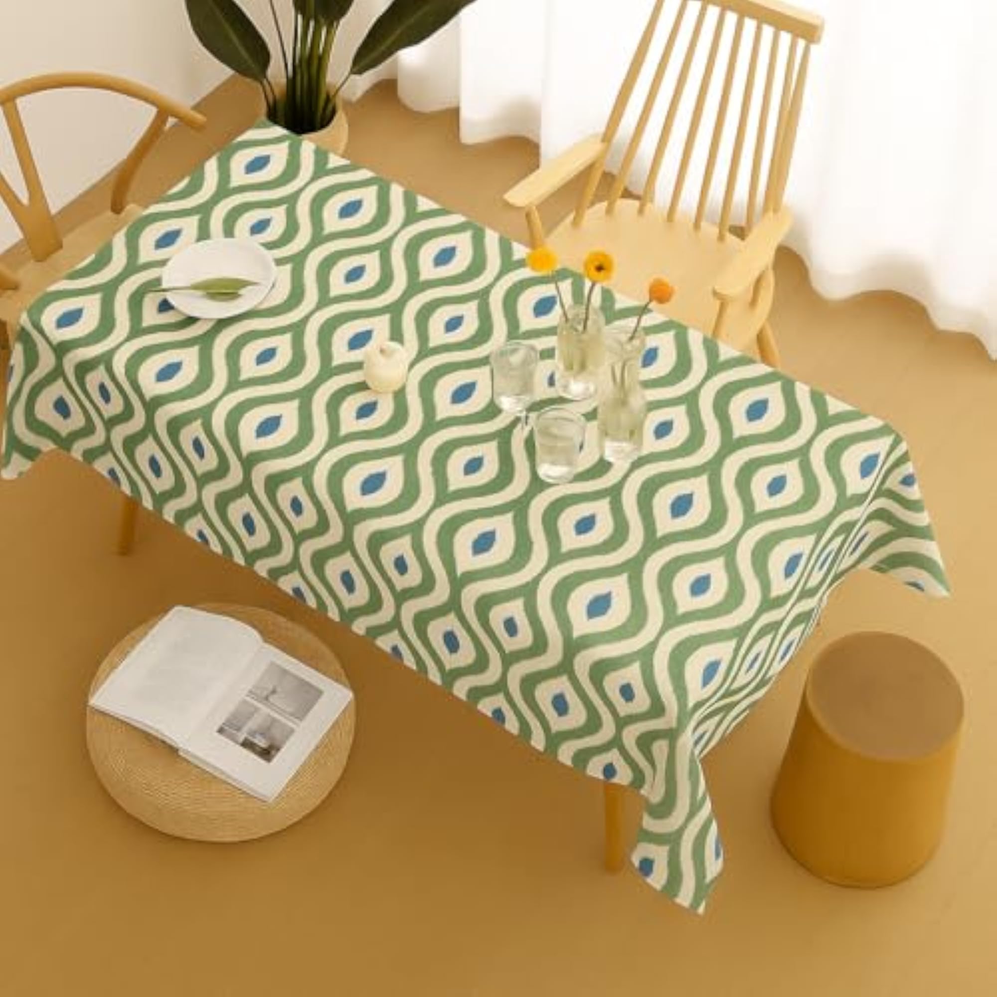 Azure Ikat Print Boho Dining Table Cover, Rectangle Shape