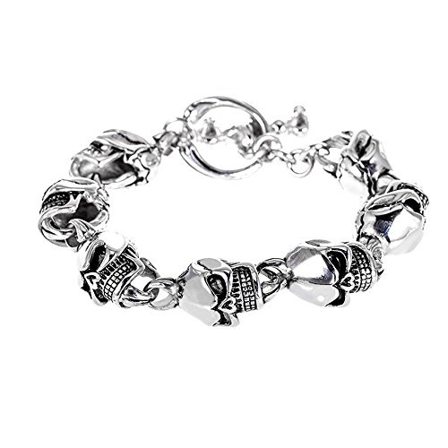 HAMANY Hombres de acero inoxidable grande pulsera Link muñeca de calaveras gótico, Plata Negro