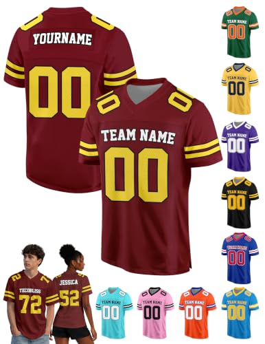 Custom Football Jerseys, Maroon Yellow, V-Neck, S-5XL with Name Number Logo