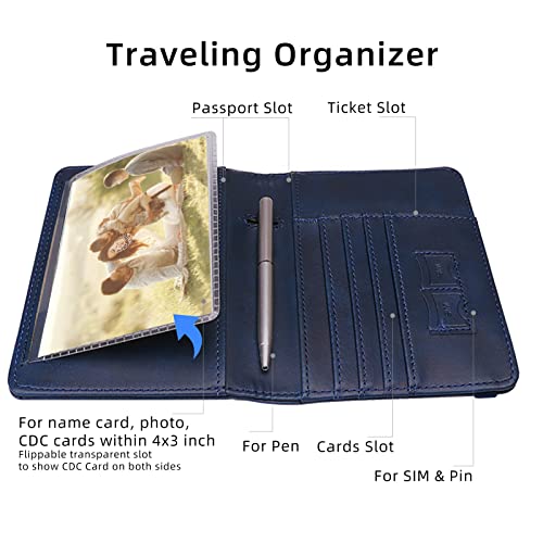 Image of WALNEW Passport Holder for Travel, RFID Passport Cover Wallet for Women Men, PU Leather Passport Book Card Holder Case with Pen (Upgraded, Upgraded-Navy Blue)