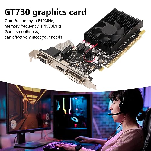 Scheda Grafica per Giochi GT730 2G, Scheda Grafica Discreta GDDR3 da 2 GB a 64 Bit con Ventola di Raffreddamento, 810 MHz 1300 MHz, PCI Express 2.0 16X, VGA DVI HDMI, Supporto